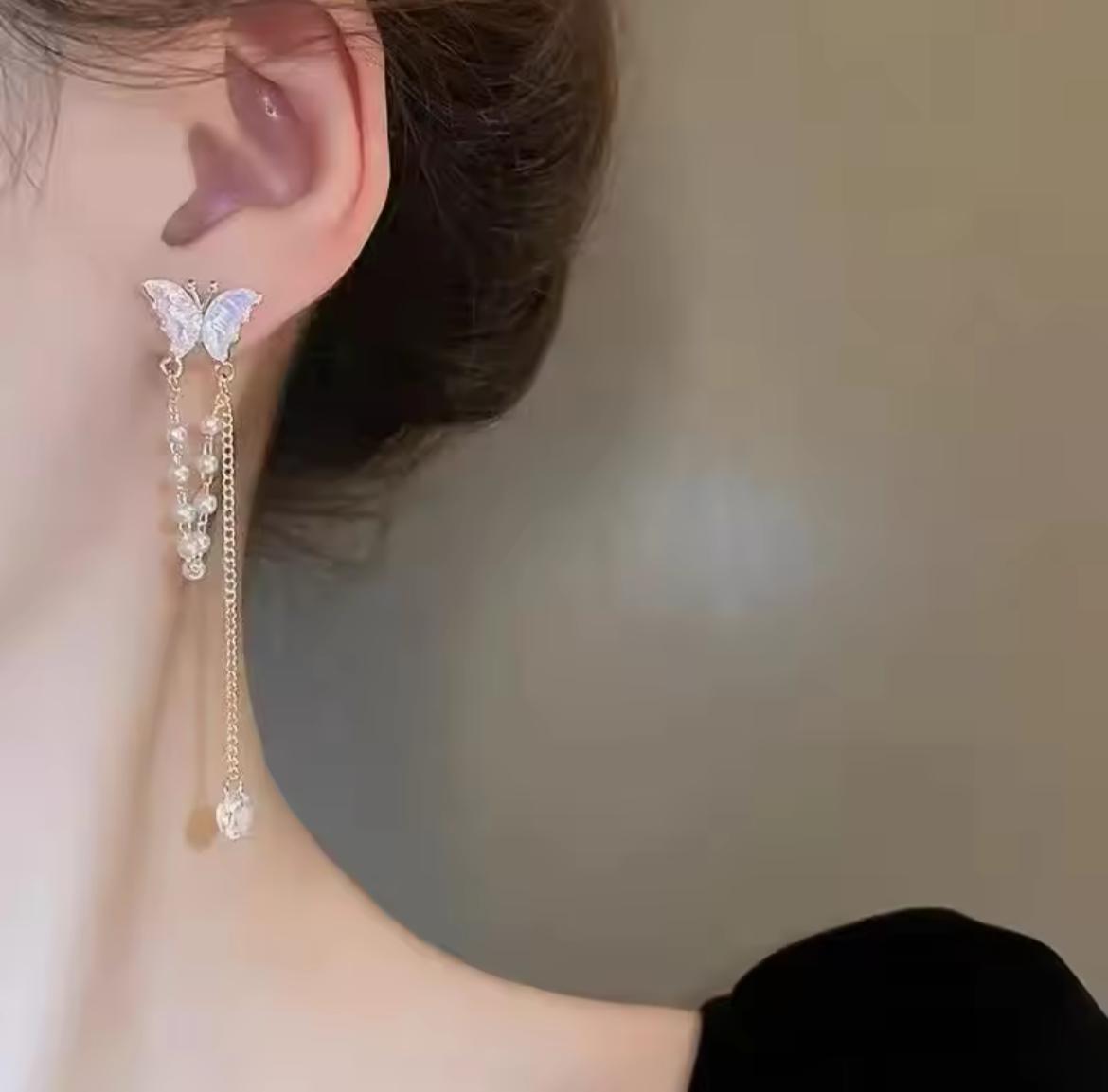 S925 Elegant Butterfly with Pearl Tassels Drop Earrings ,Delicate, Feminine & Stylish Fashion Jewelry for Women & Girls