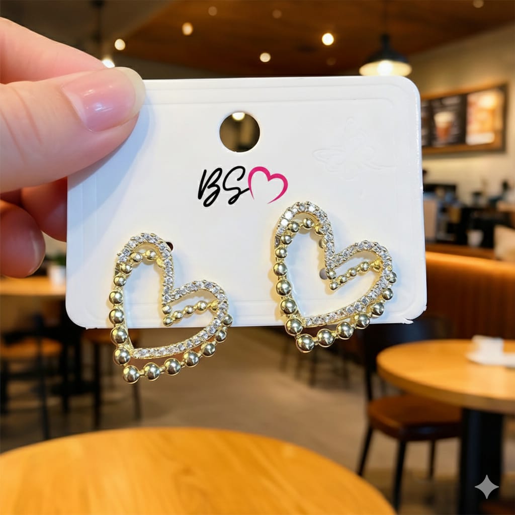 ZJE-164 Heart Shape Double Korean Earrings ,Elegant Fashion Jewellery, Stylish Accessory for Women