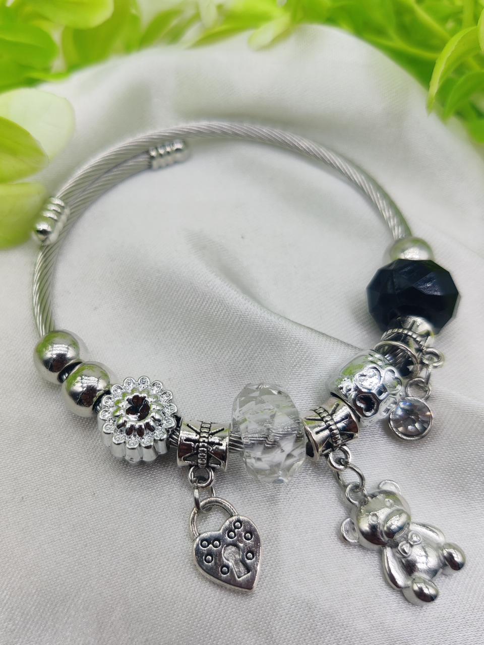 1 Piece Imported Pandora-Inspired Silver Charm Bracelet Heart & Teddy Accents | Best Quality Bracelet For Girls & Women | Girls & Women Jewellery