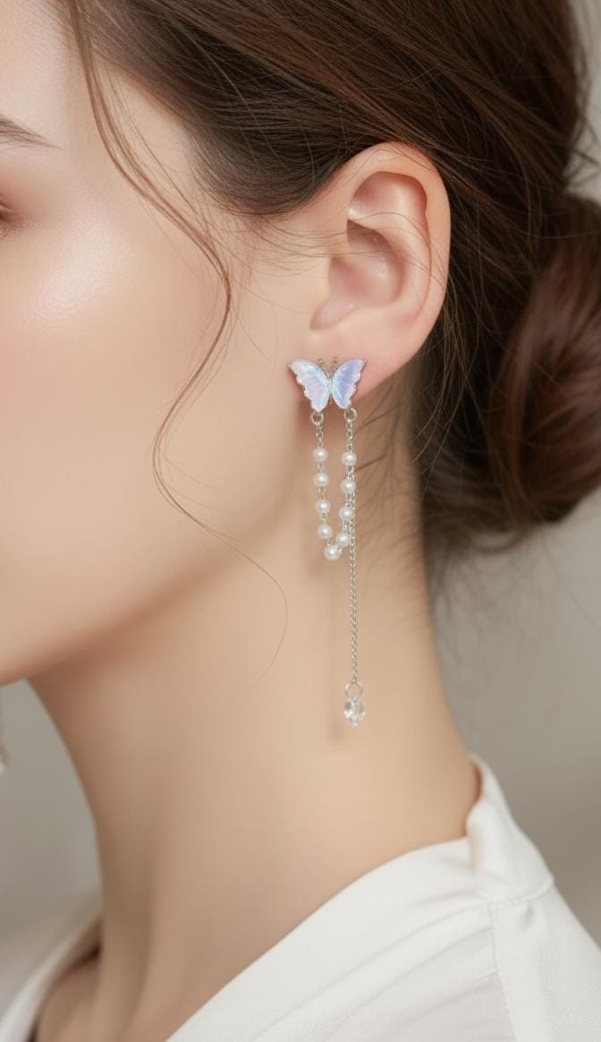 S925 Elegant Butterfly with Pearl Tassels Drop Earrings ,Delicate, Feminine & Stylish Fashion Jewelry for Women & Girls