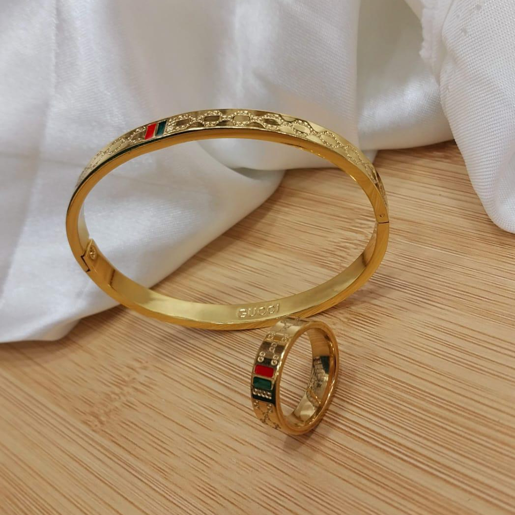 Gold Plated Stainless Steel Bangles And A Matching Ring Providing Elegant Design Everyday Fashion Support