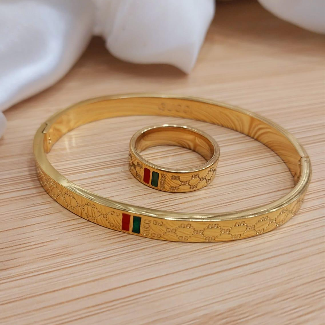 Gold Plated Stainless Steel Bangles And A Matching Ring Providing Elegant Design Everyday Fashion Support