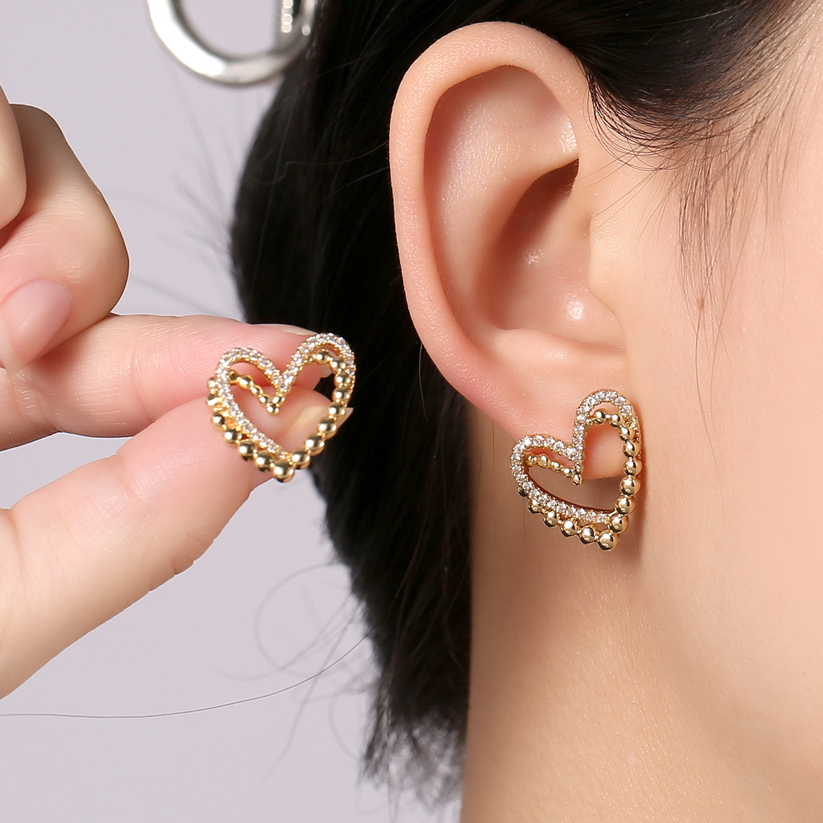 ZJE-164 Heart Shape Double Korean Earrings ,Elegant Fashion Jewellery, Stylish Accessory for Women