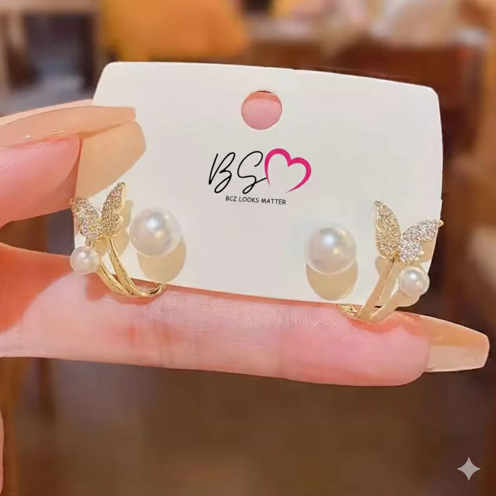 AXJ-161 Butterfly Pearl Korean Earrings, Elegant Design, Stylish Accessory for Women